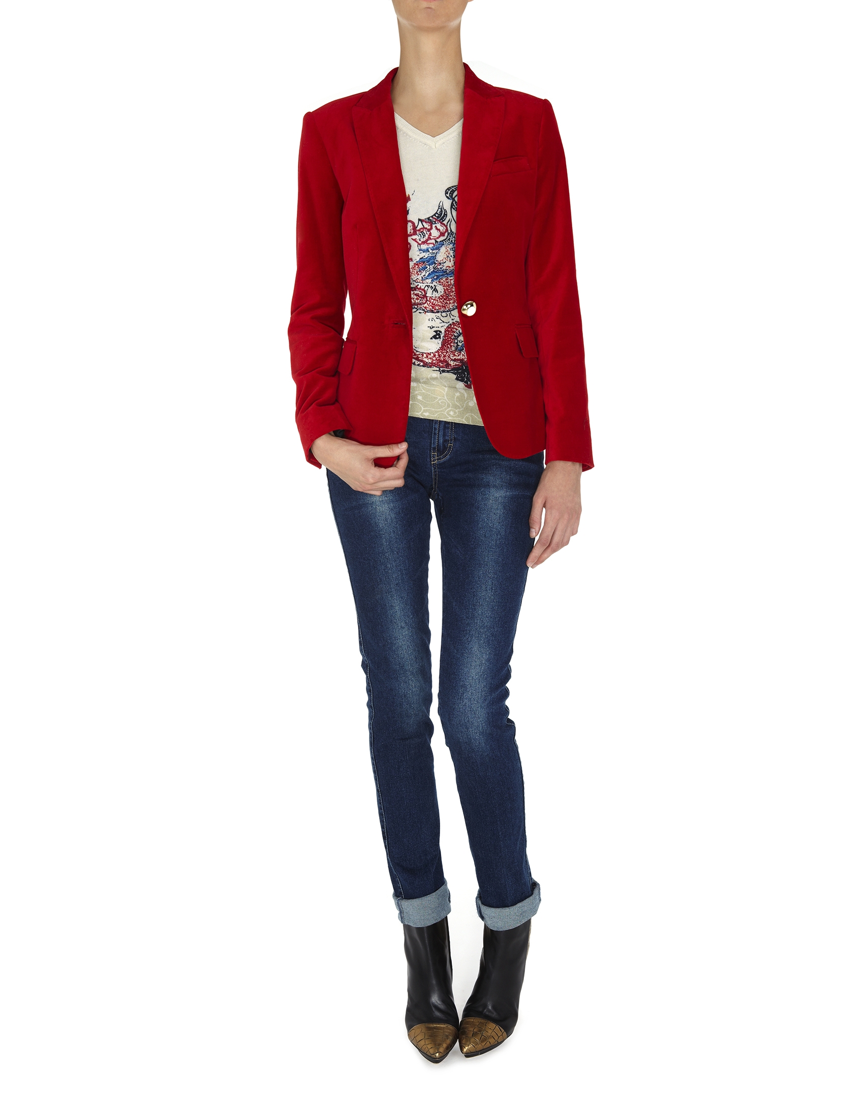 Red velvet blazer with one button