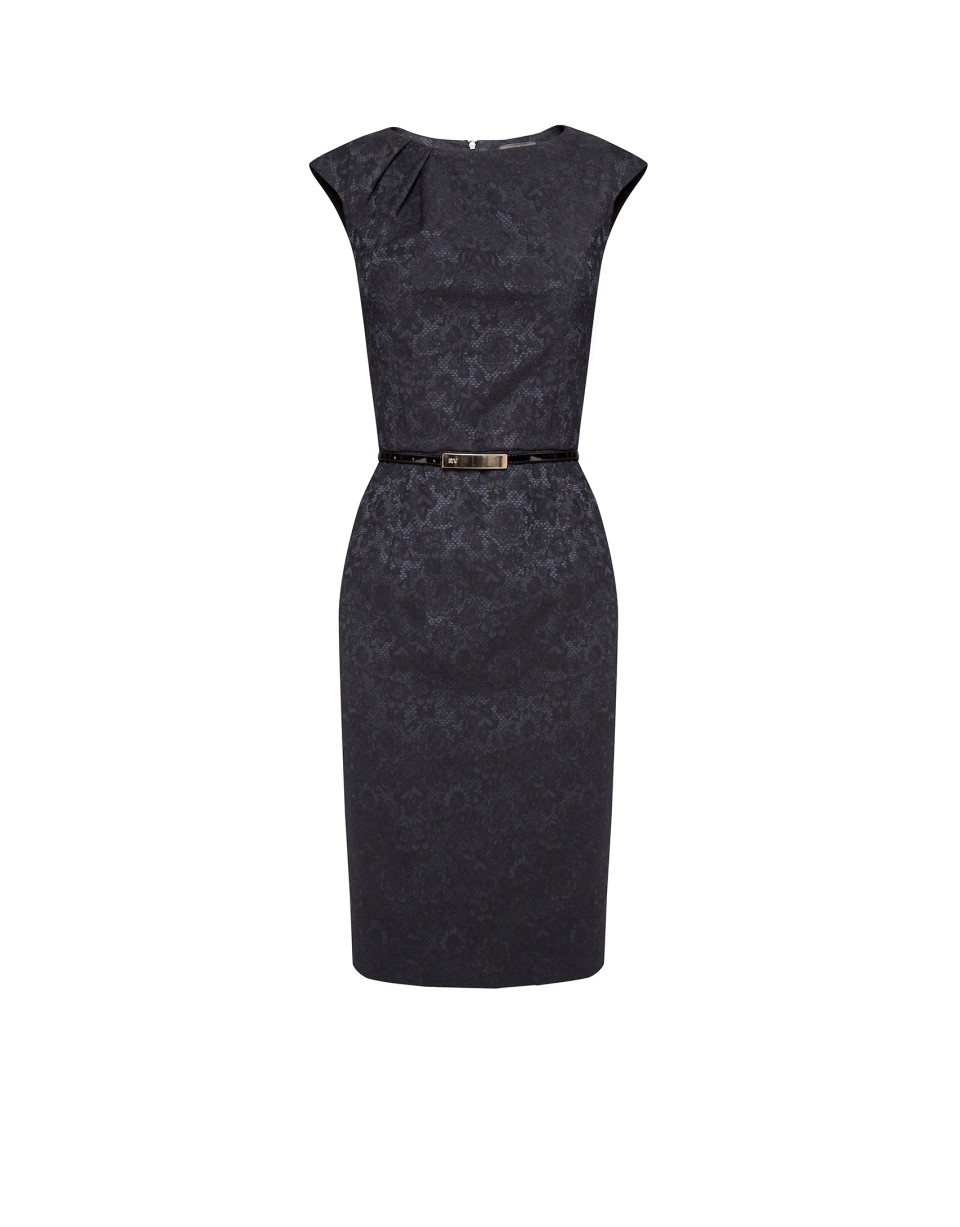 Black dress with raised fabric flowers and pleated collar 