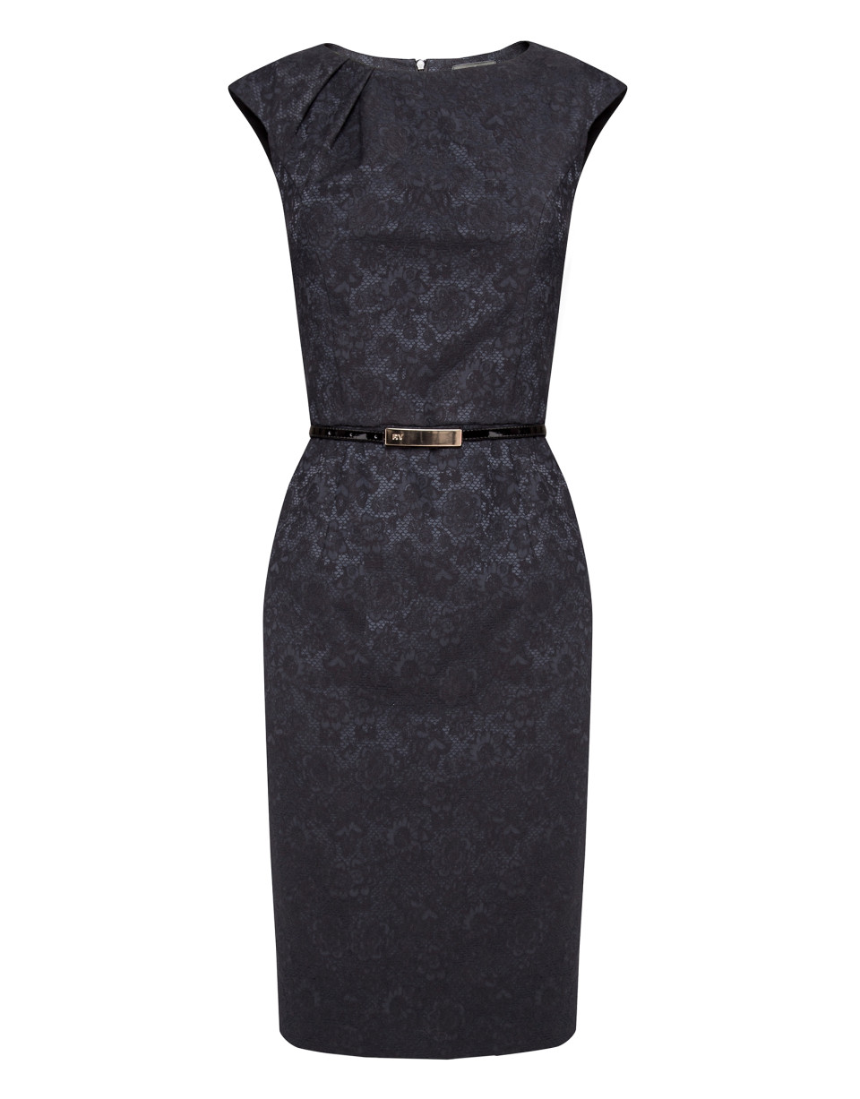Vestido pliegue en cuello tejido relieve flores negro