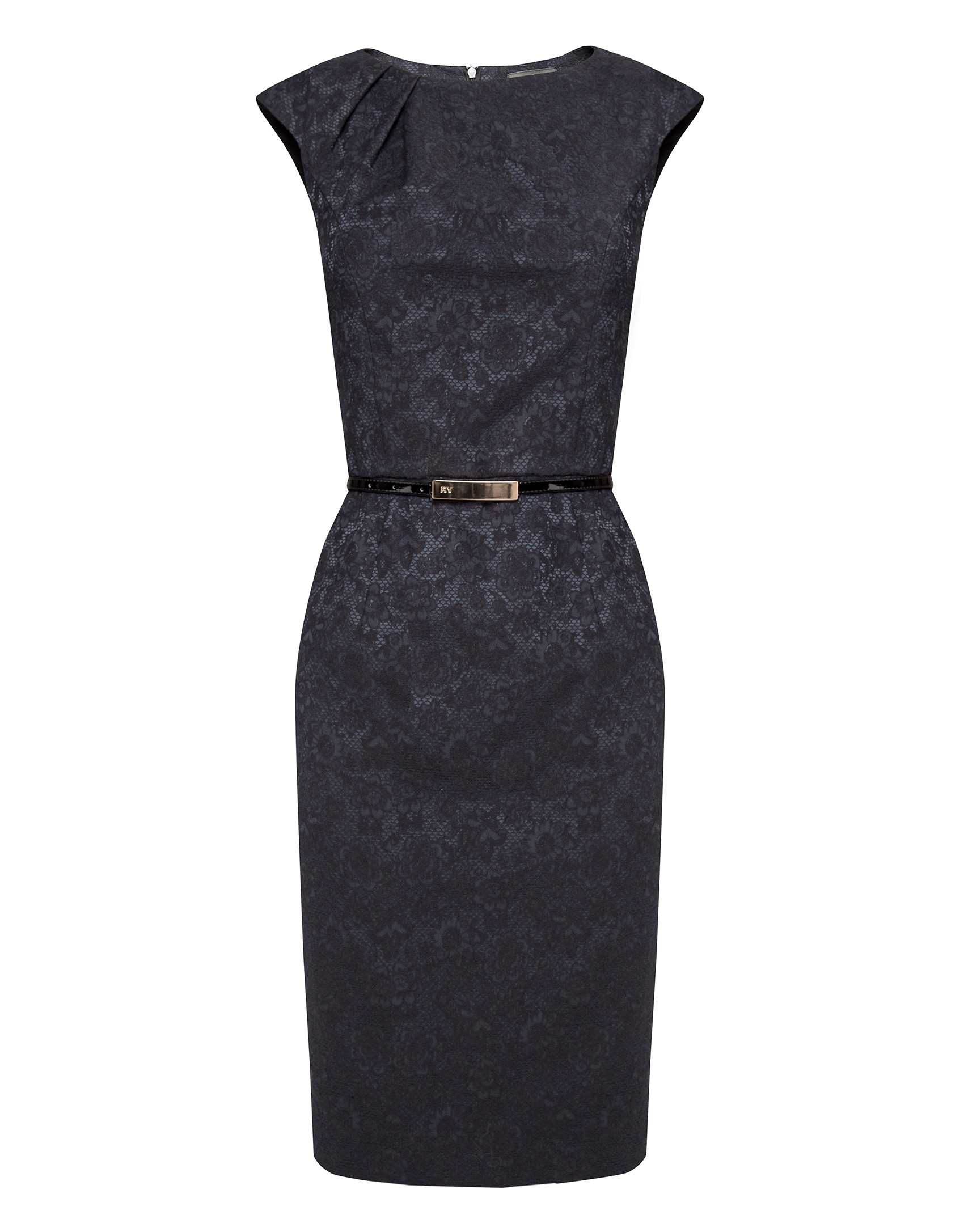 Vestido pliegue en cuello tejido relieve flores negro