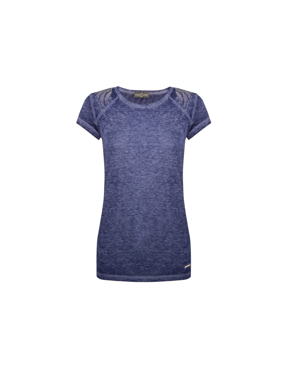 Washed cotton blue top with short raglan sleeves and rhinestones on shoulders