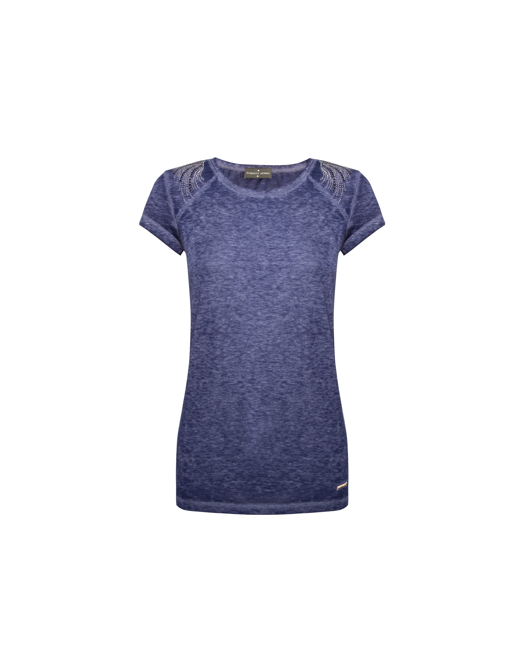 Camiseta azul de lavado manga raglán corta con strass en hombros