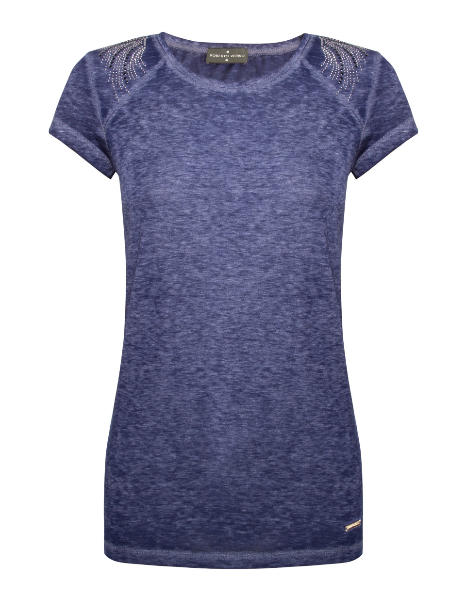 Washed cotton blue top with short raglan sleeves and rhinestones on shoulders