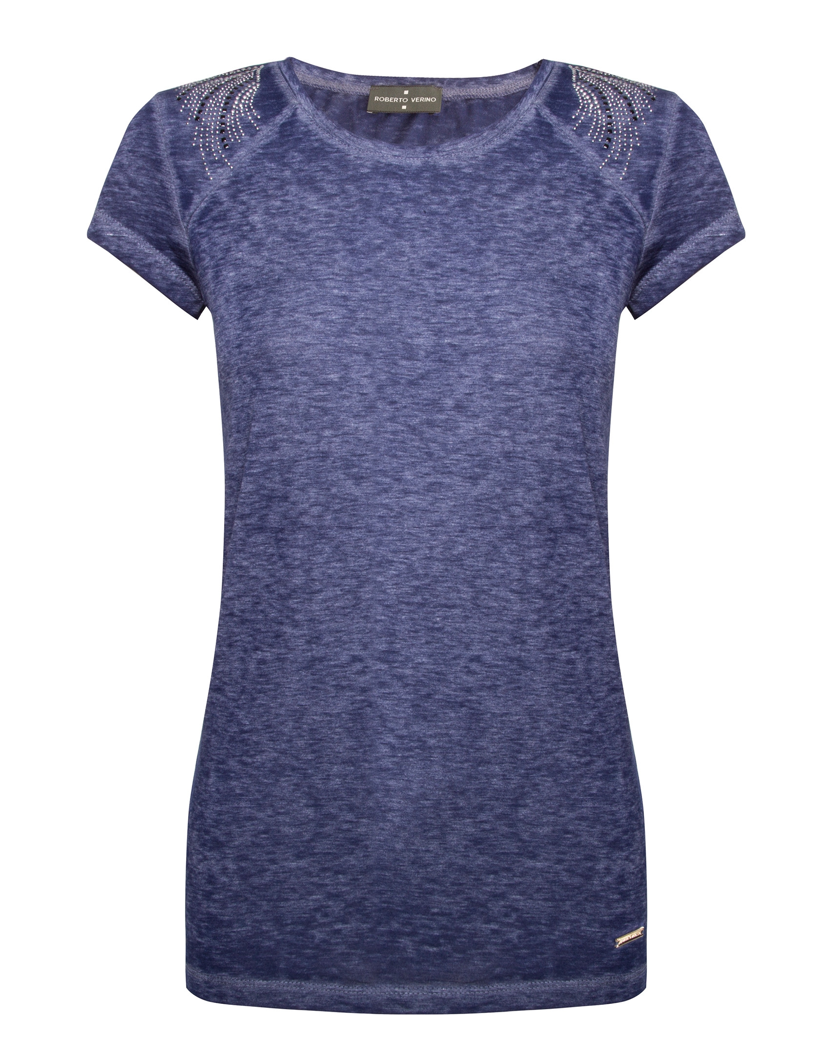 Camiseta azul de lavado manga raglán corta con strass en hombros