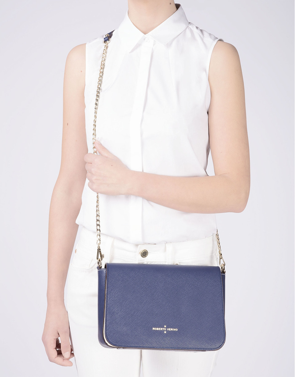 Bandolera piel saffiano color block azul