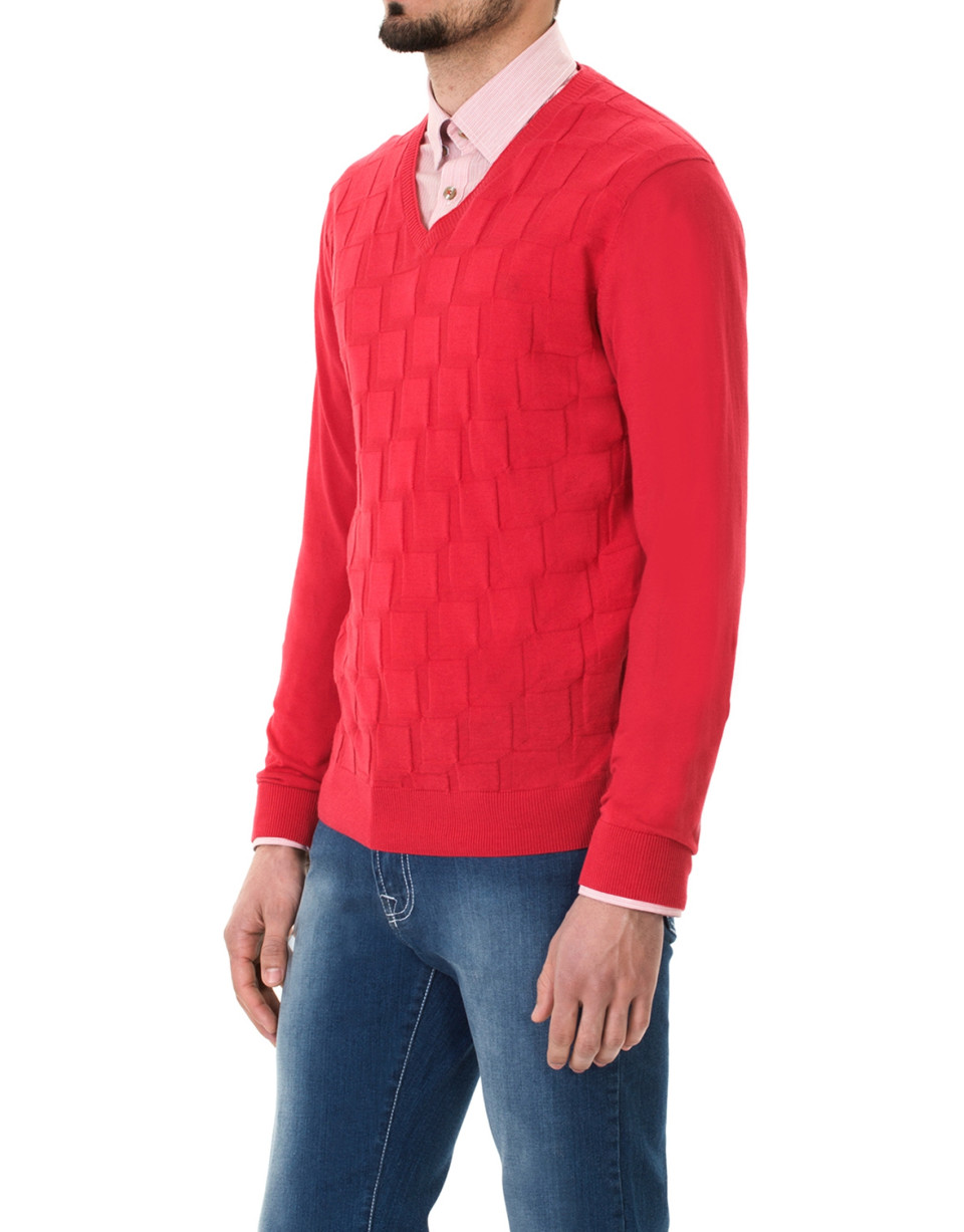 Red jacquard V-neck  sweater