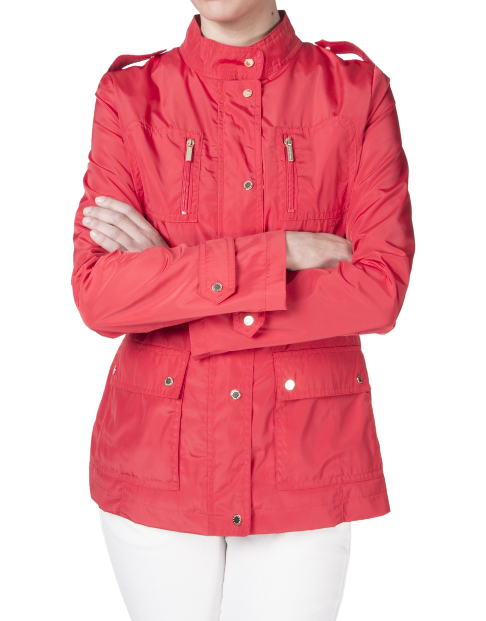 Red trench coat with belt
