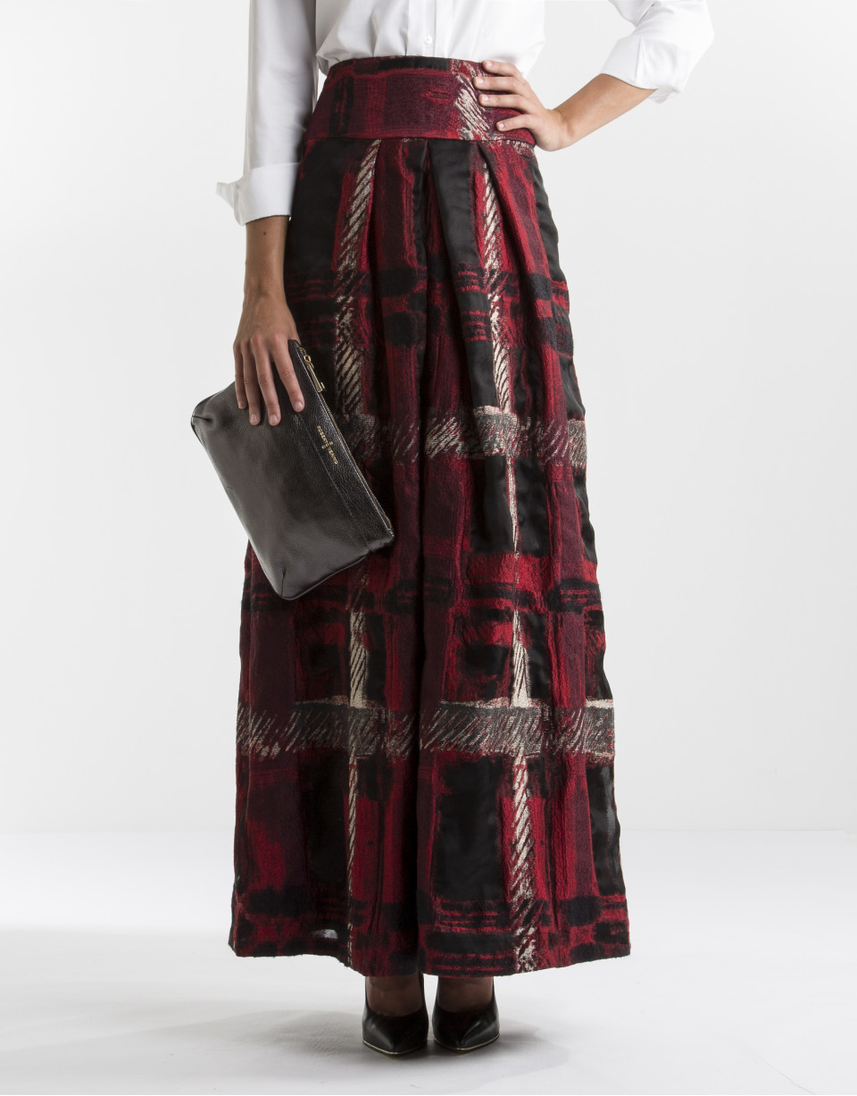 Long red checked jacquard skirt
