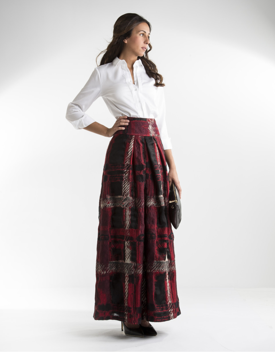 Long red checked jacquard skirt