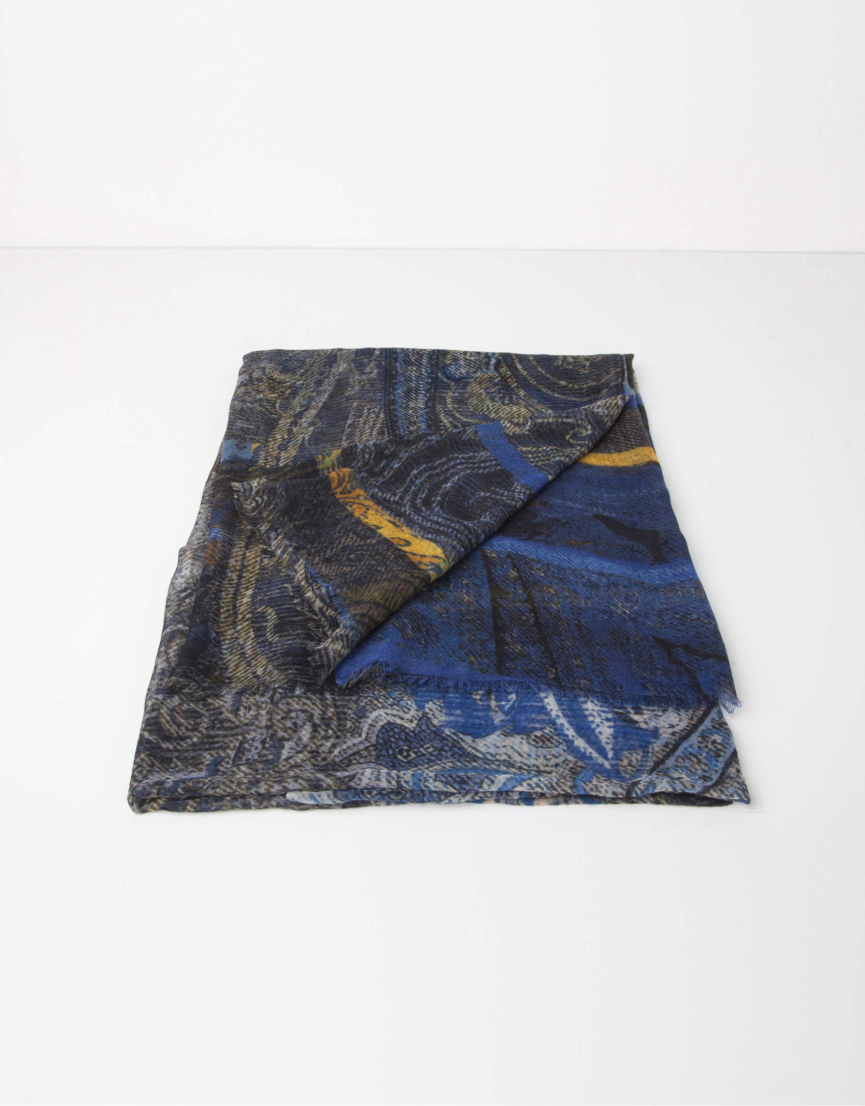 Blue print wool and silk scarf