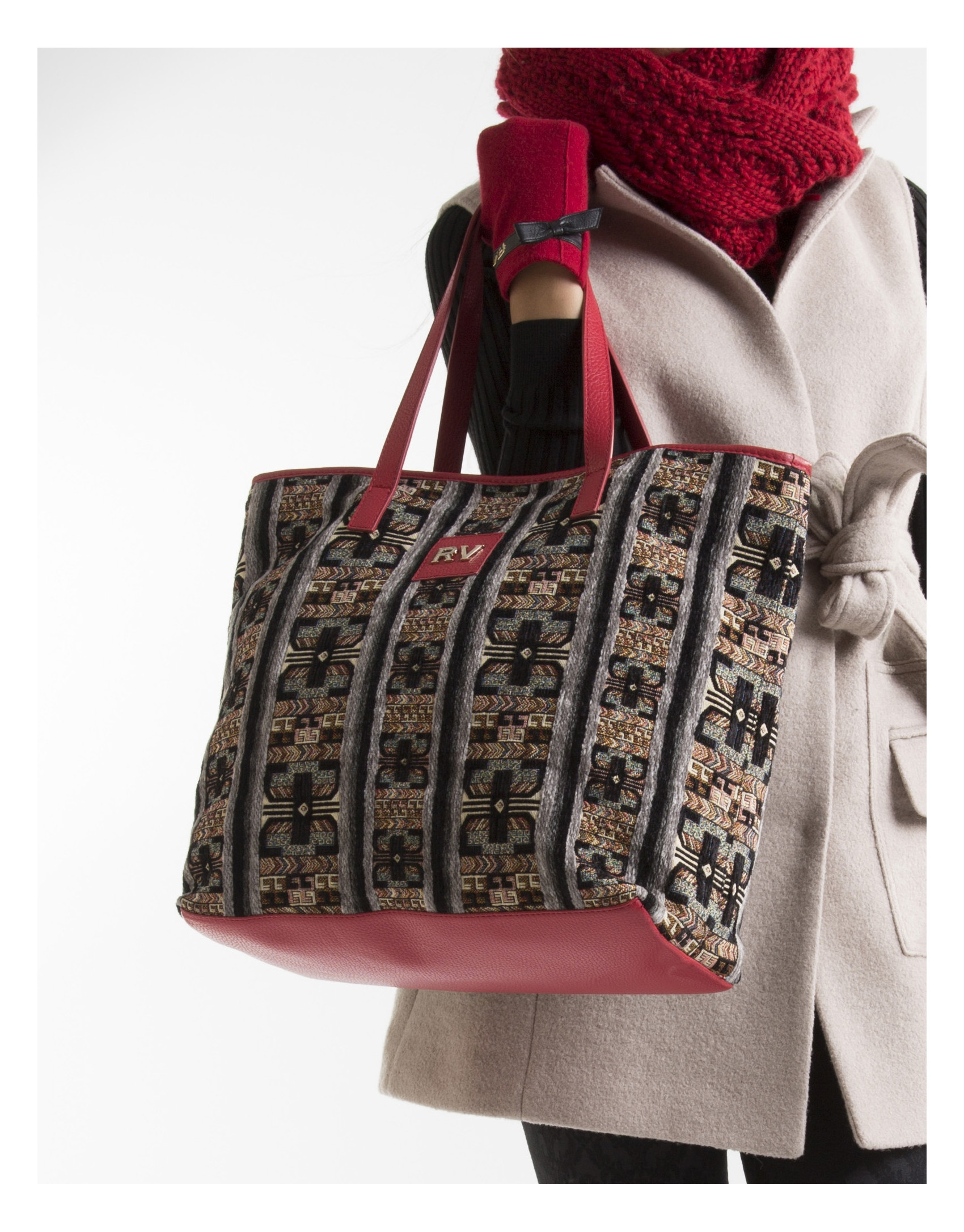 Jacquard and nappa shopping bag