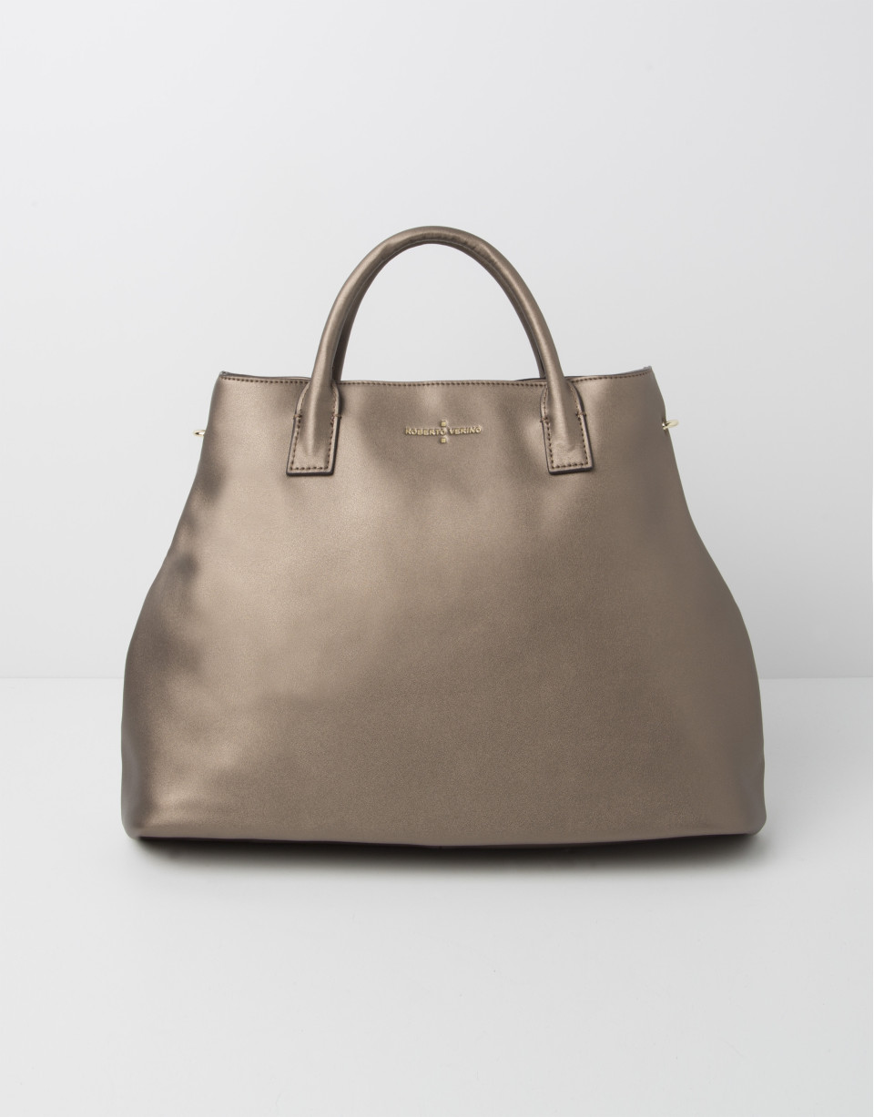 Metalized leather satchel