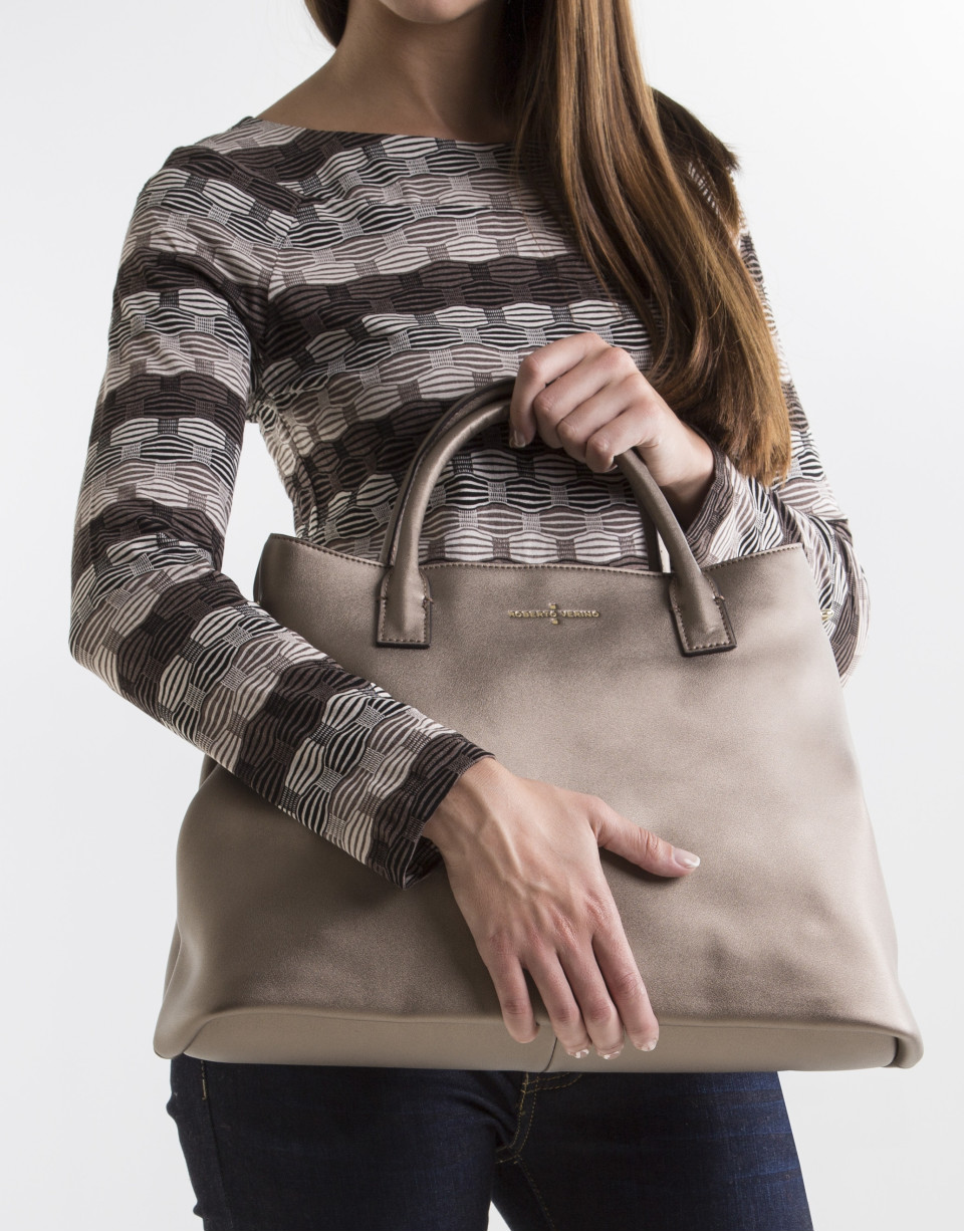 Metalized leather satchel