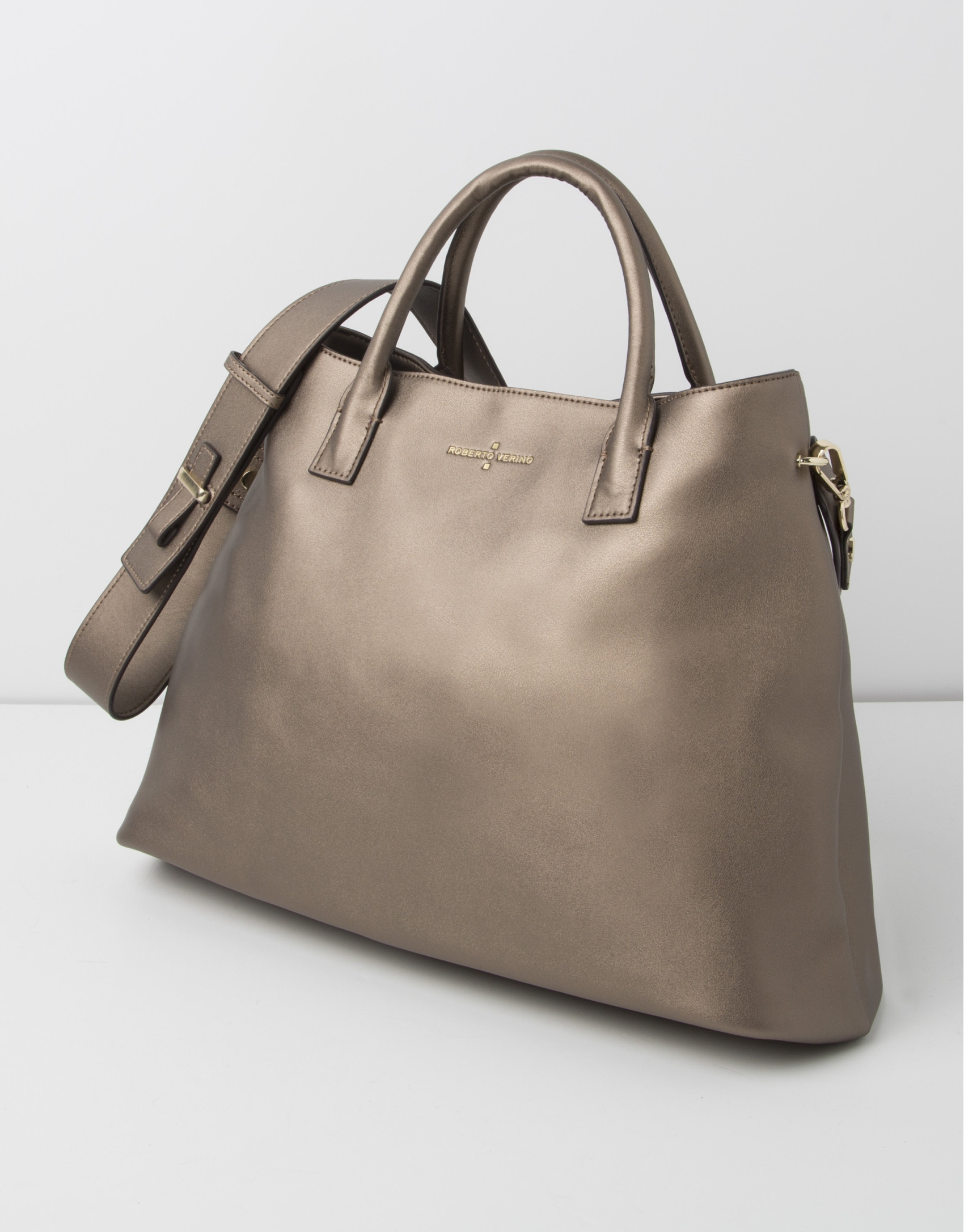 Metalized leather satchel