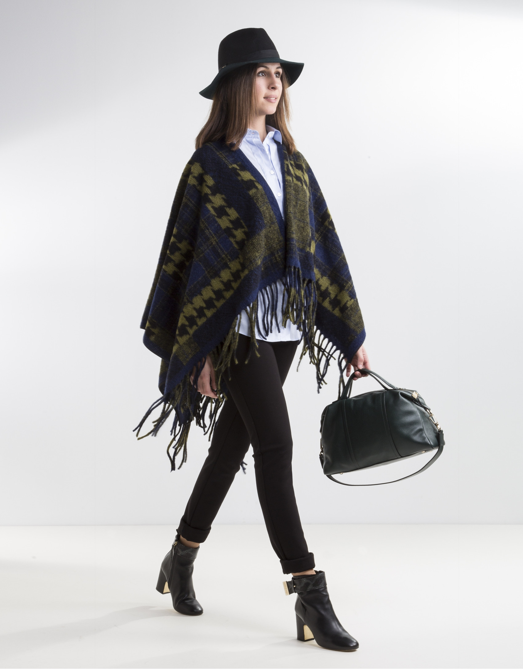 Green/blue print wool poncho