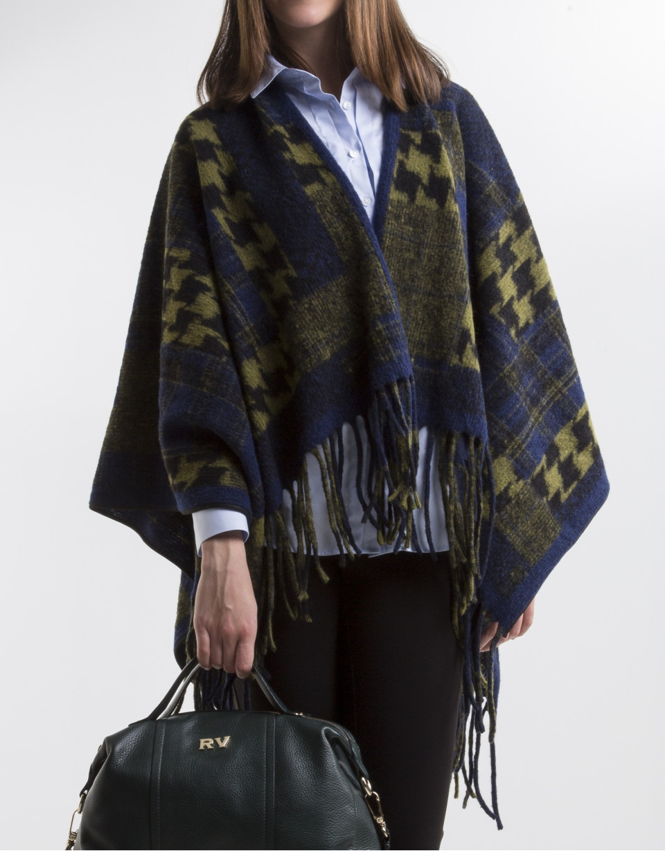 Green/blue print wool poncho
