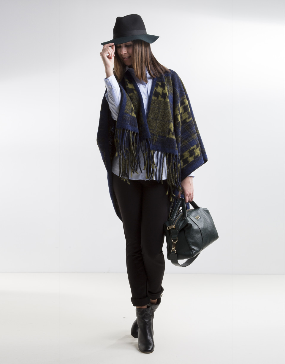 Green/blue print wool poncho
