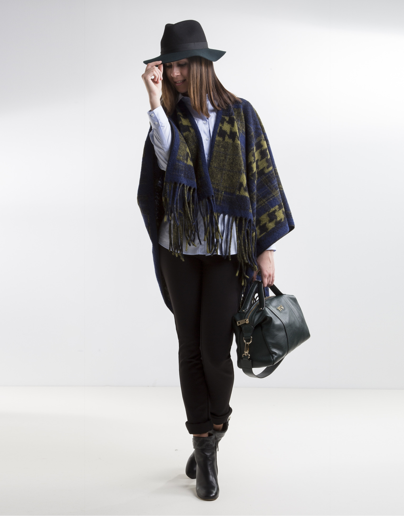 Green/blue print wool poncho