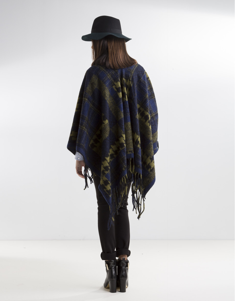 Green/blue print wool poncho