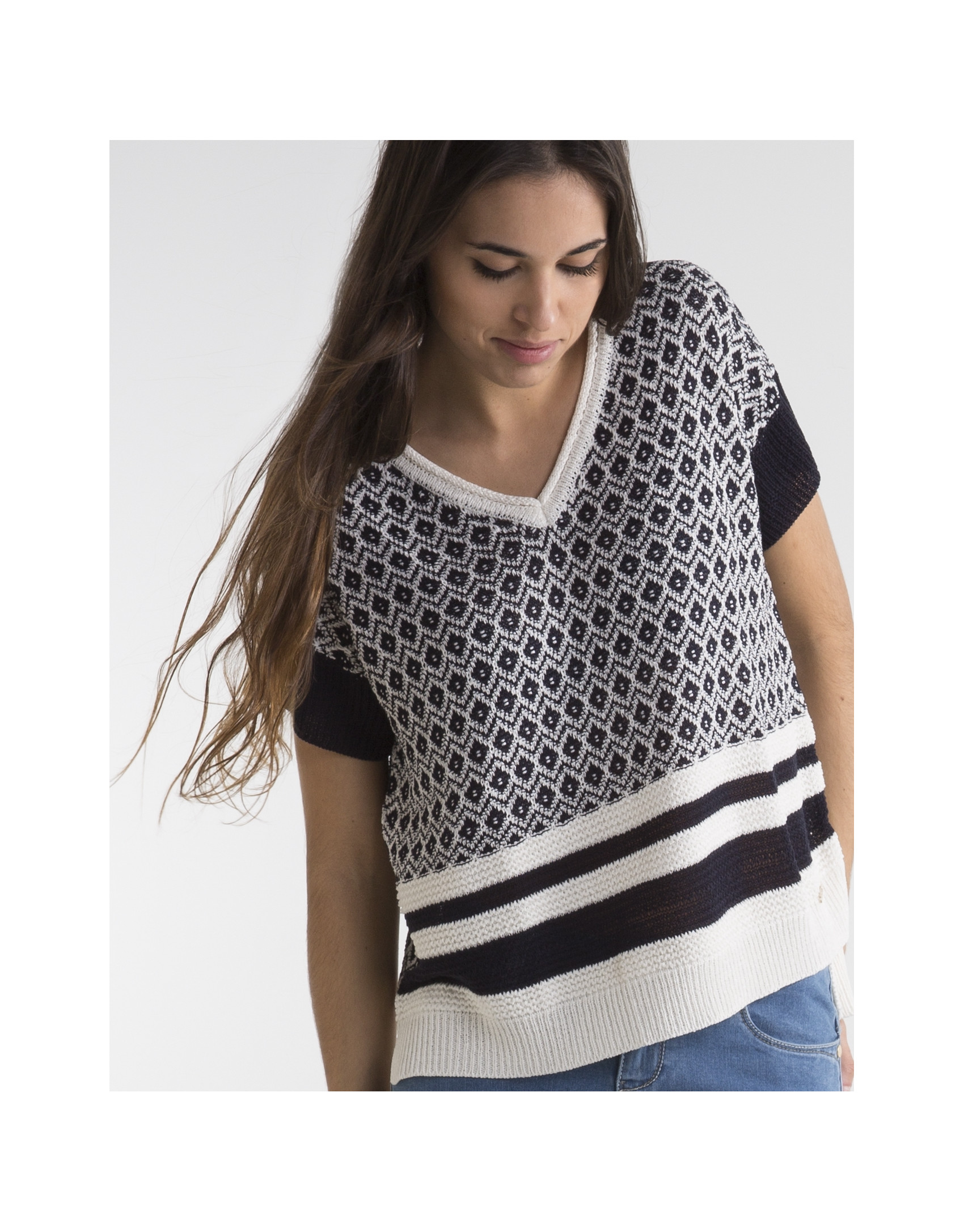 Blue / white V neck sweater