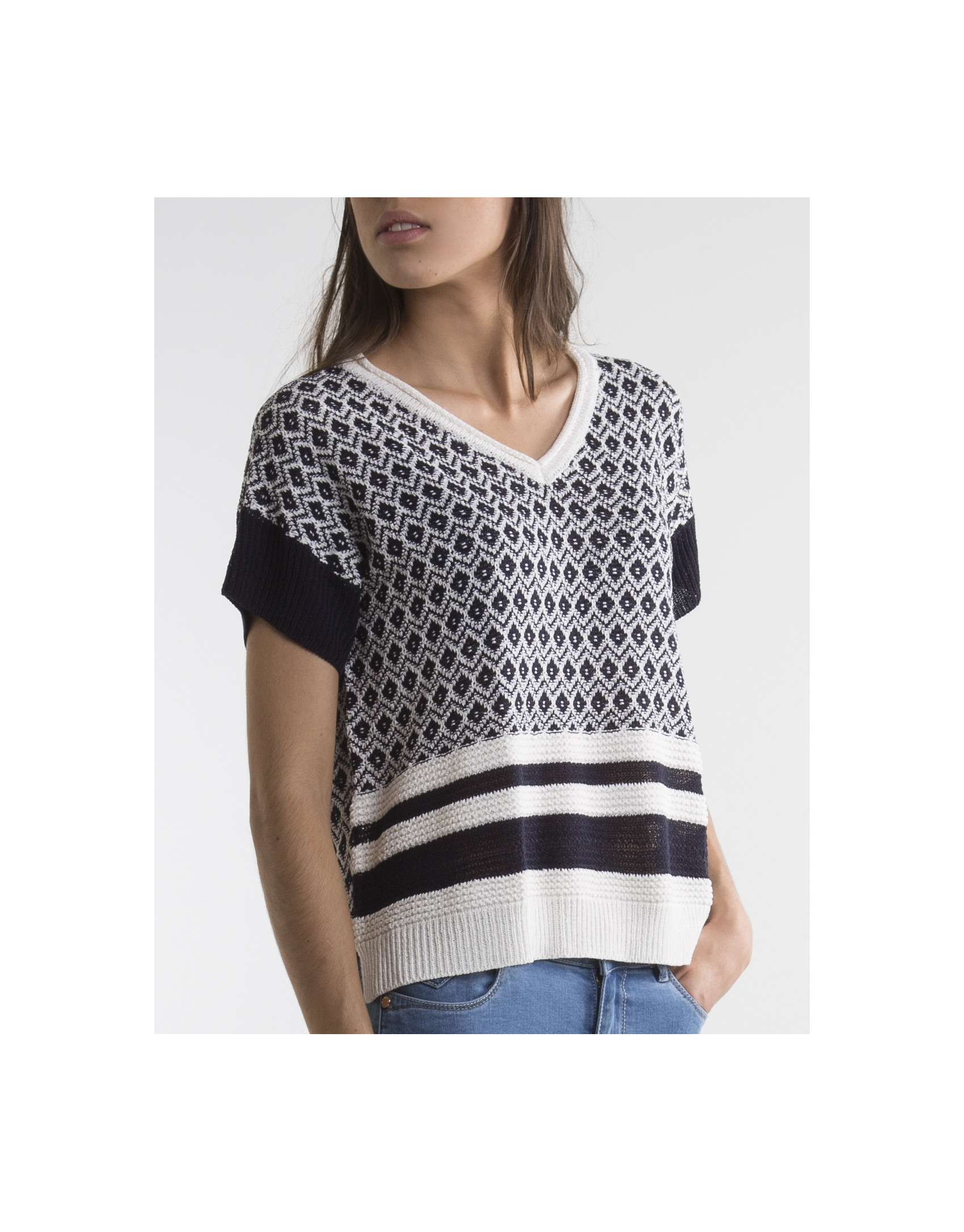 Blue / white V neck sweater