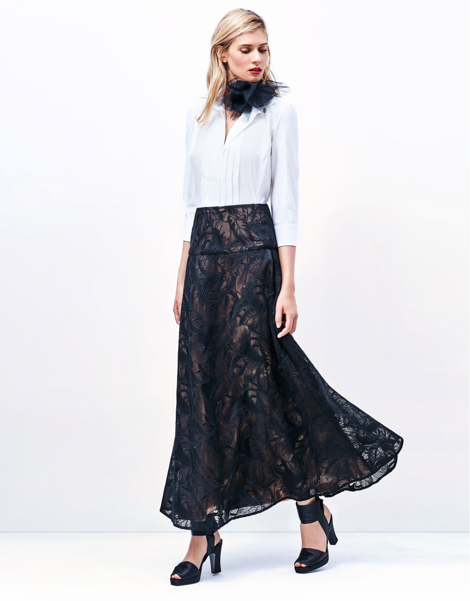 Black lace long evasé skirt