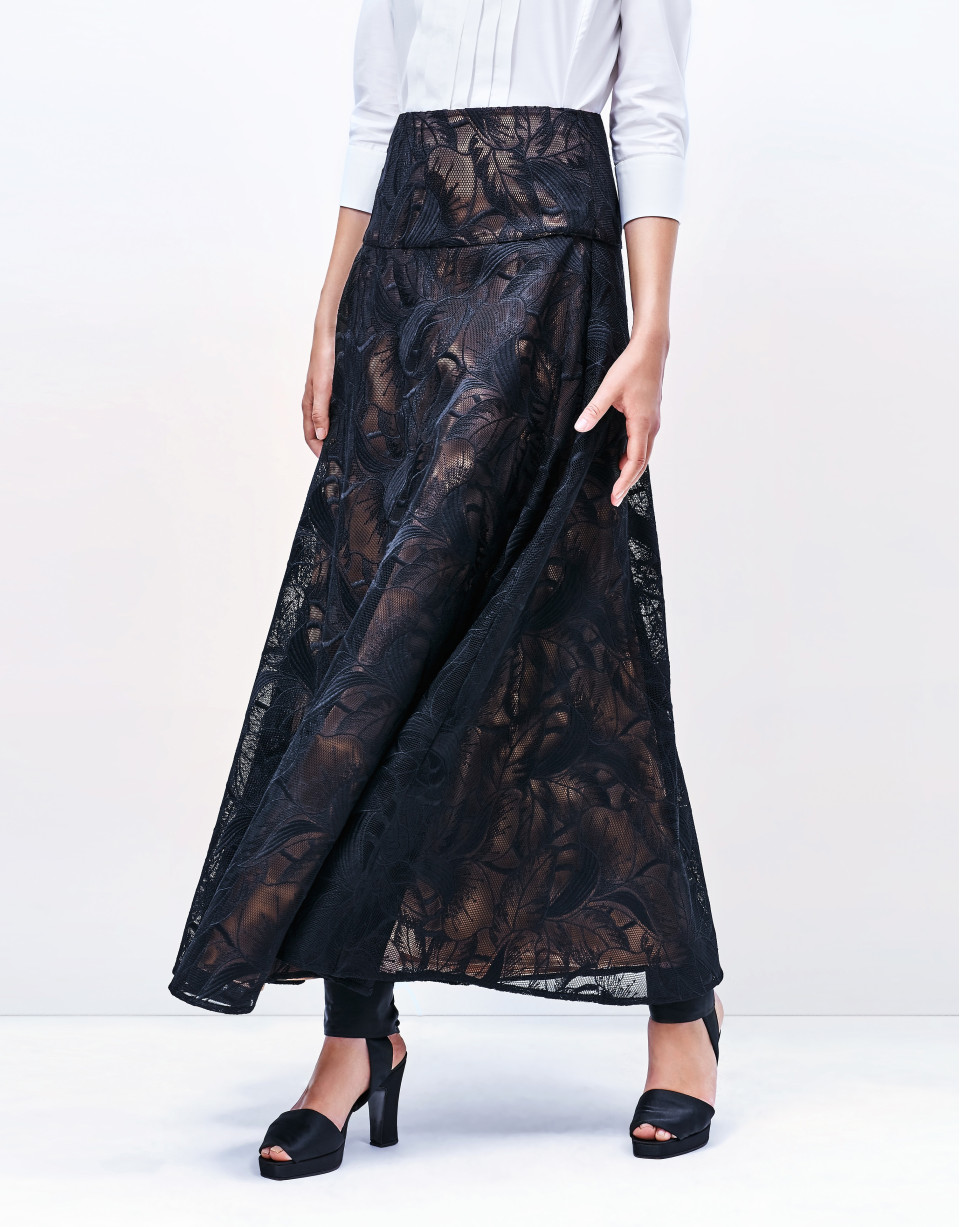 Black lace long evasé skirt