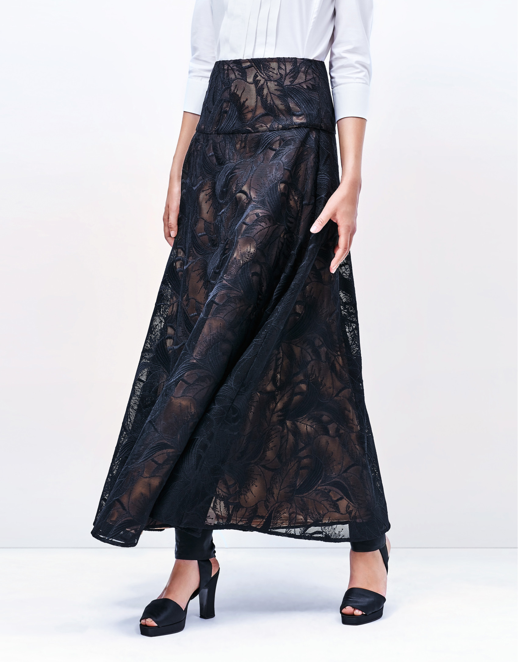 Black lace long evasé skirt