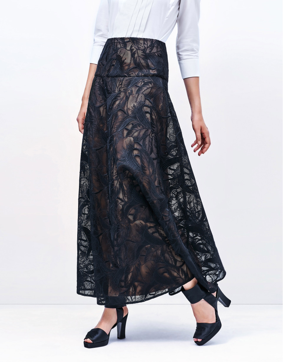 Black lace long evasé skirt