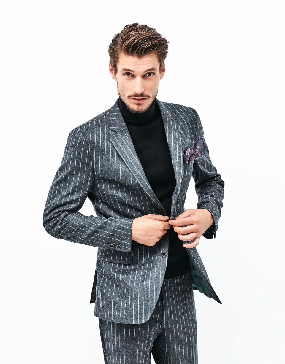 Gray pinstriped suit