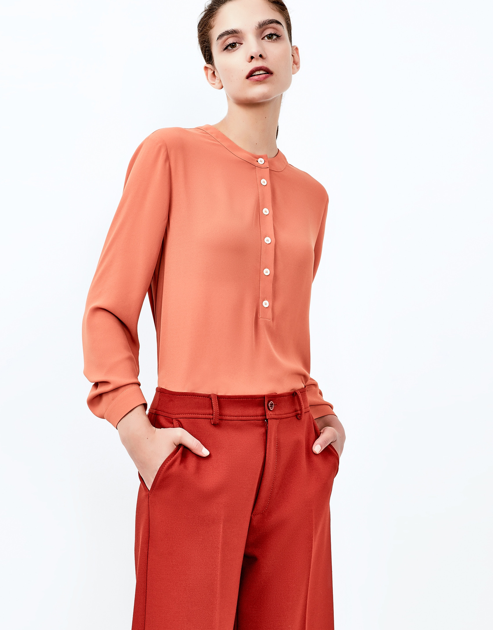 Brick red blouse with round neckline