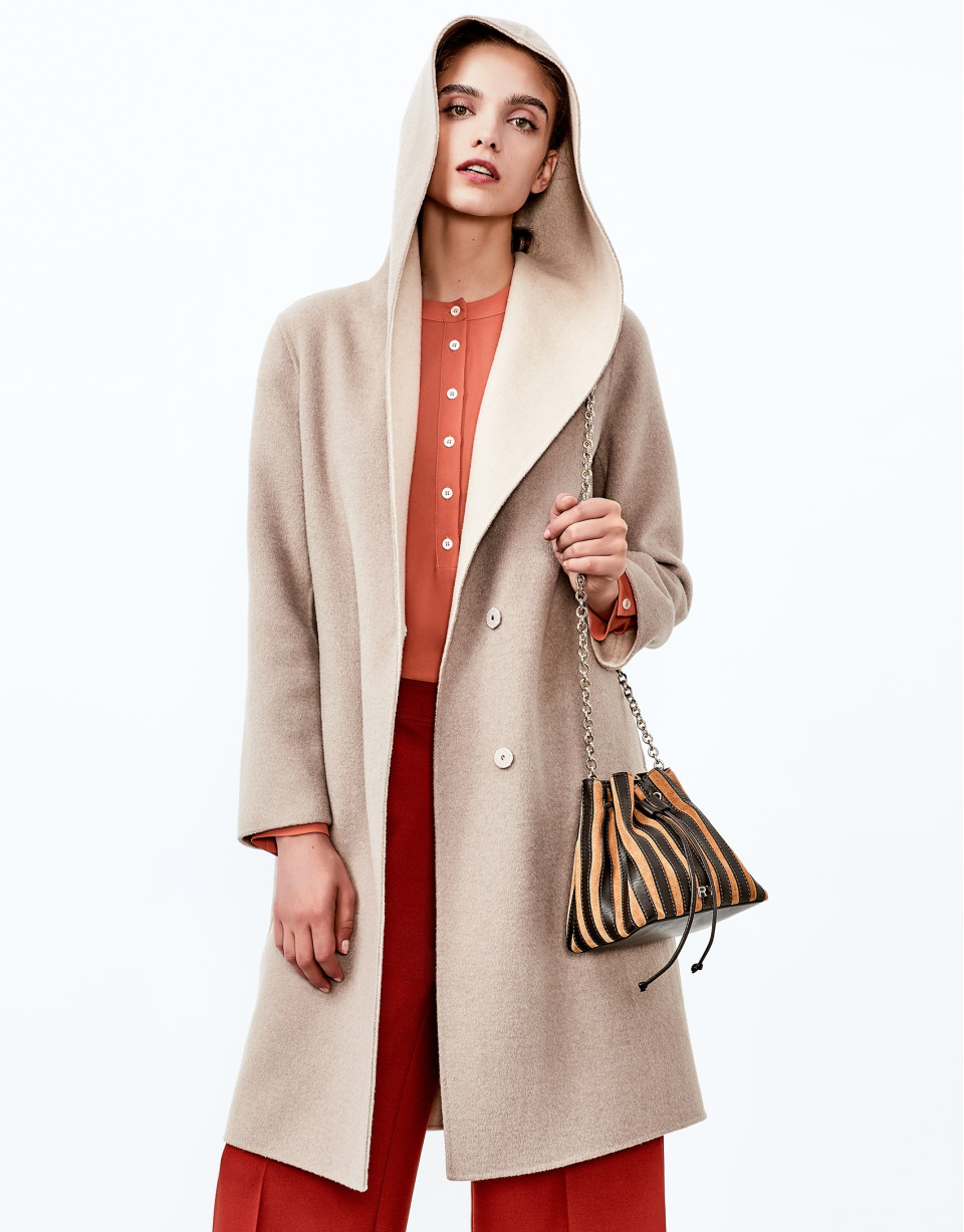 Beige double face hooded coat