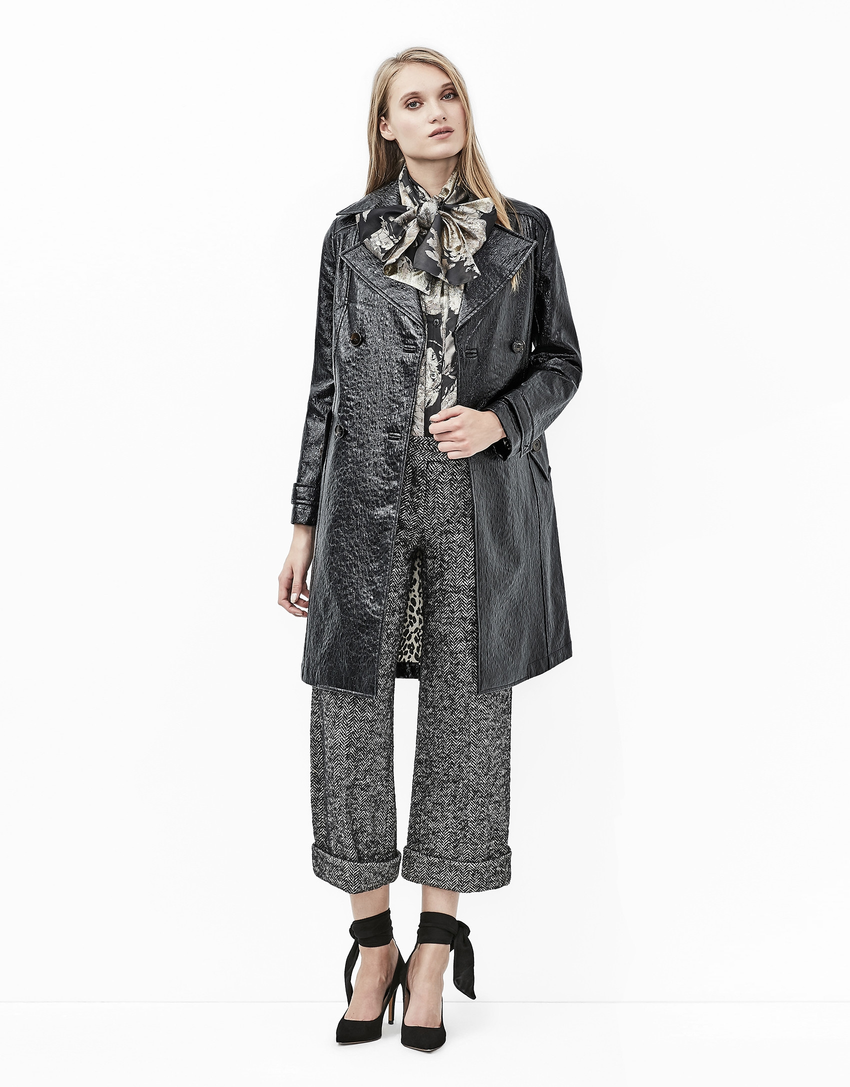 Black embossed alligator leather trench coat