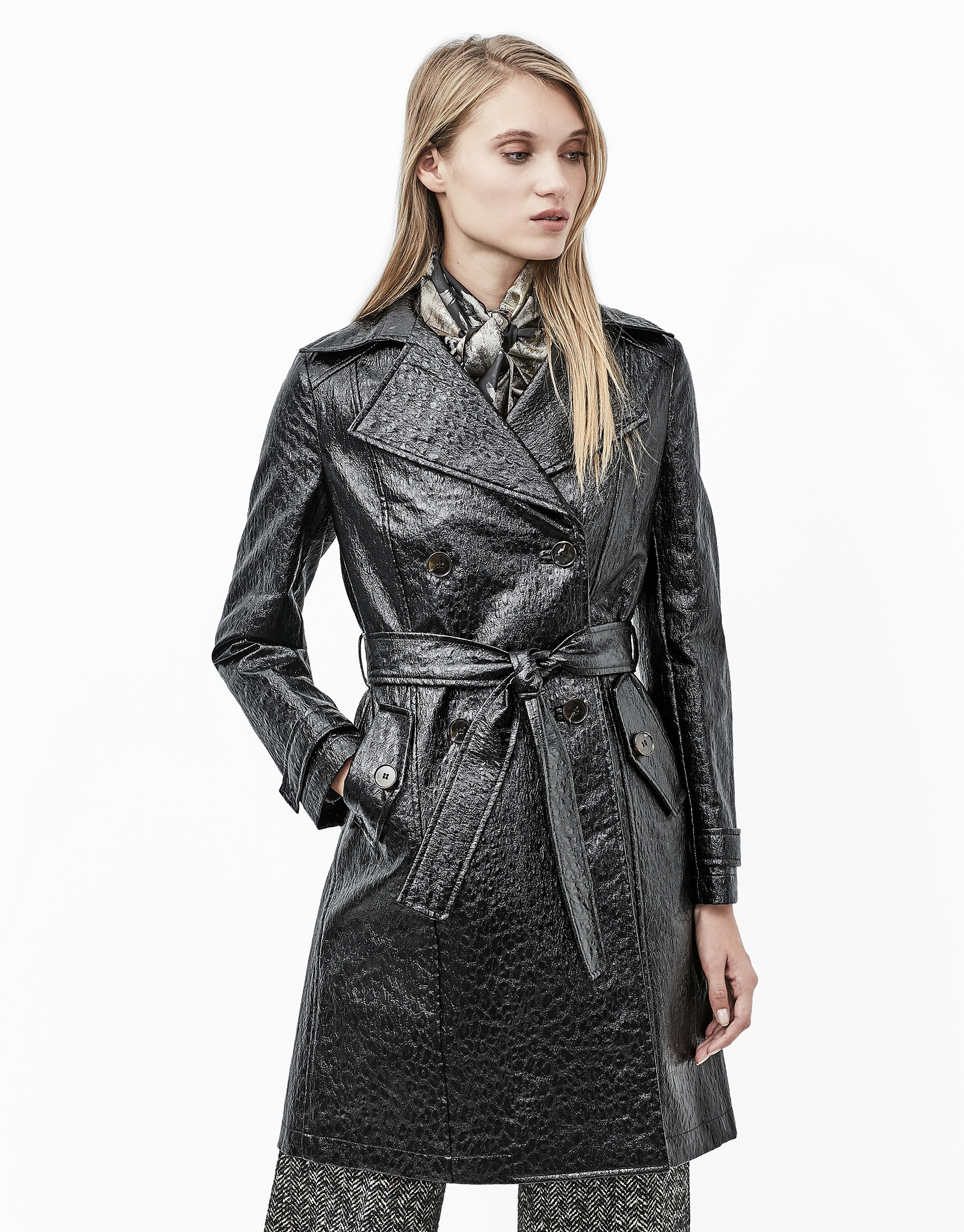 Black embossed alligator leather trench coat
