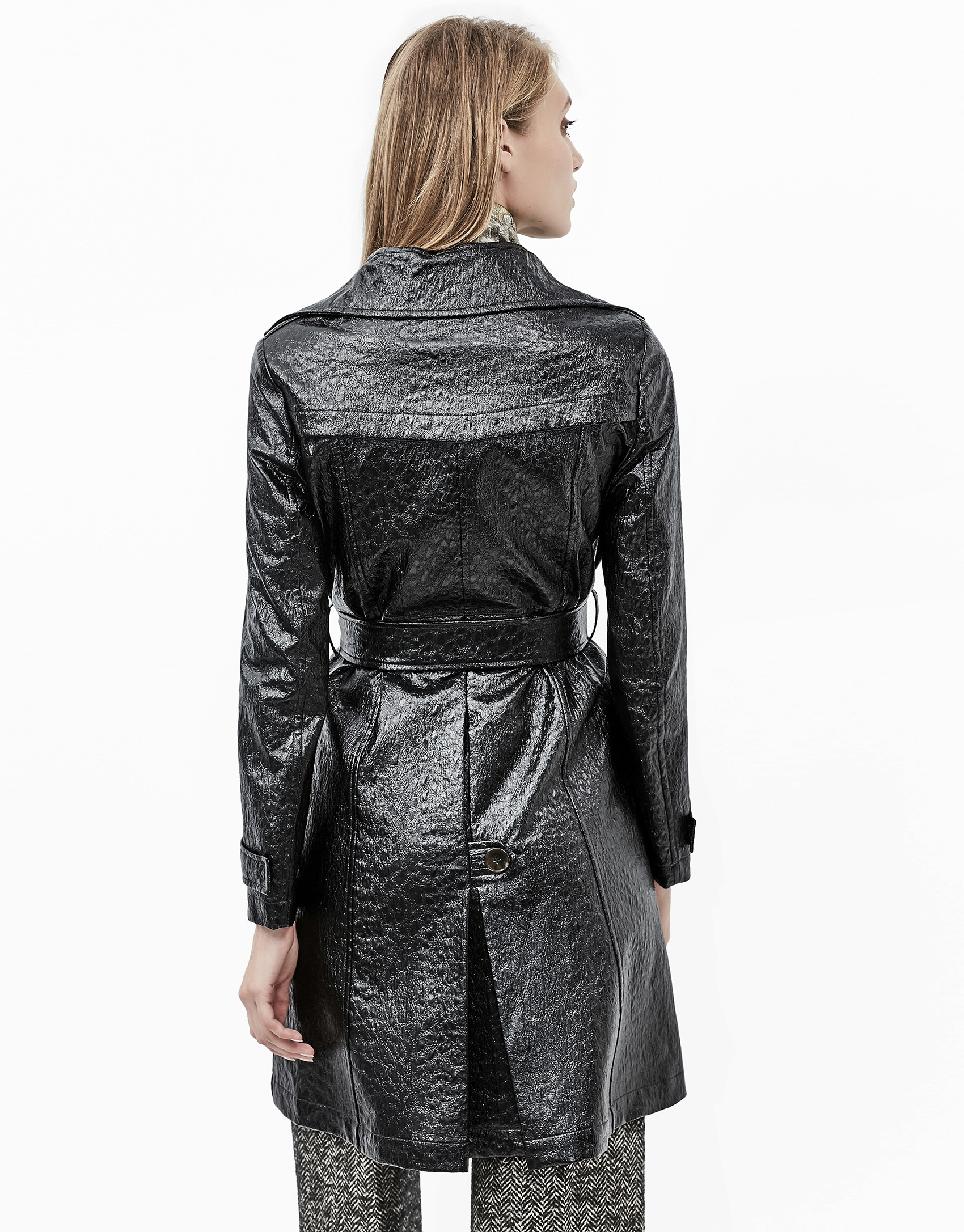 Black embossed alligator leather trench coat