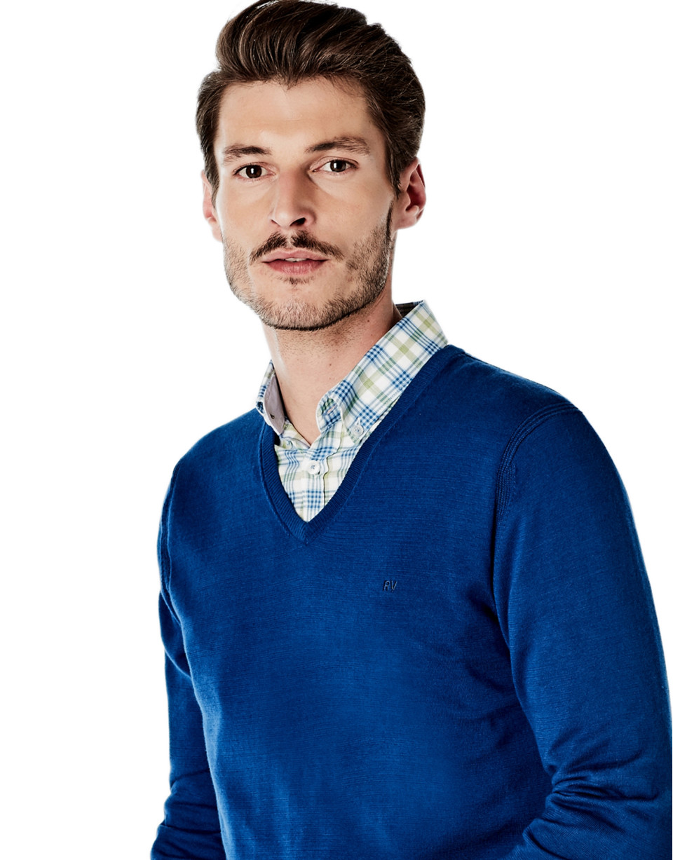 Deep blue cotton V-neck sweater