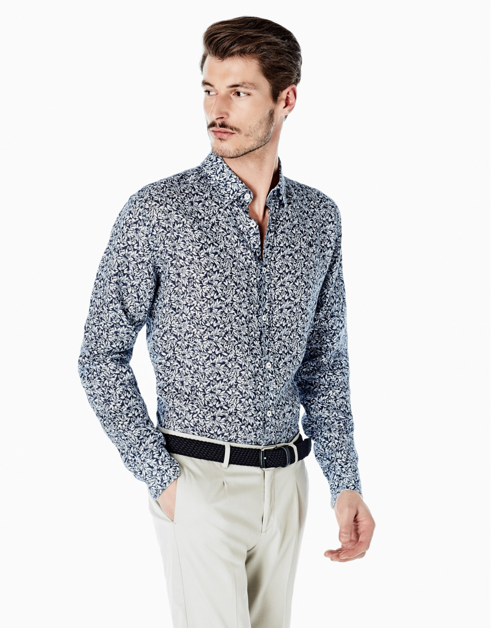 Camisa sport lino estampado flores marino