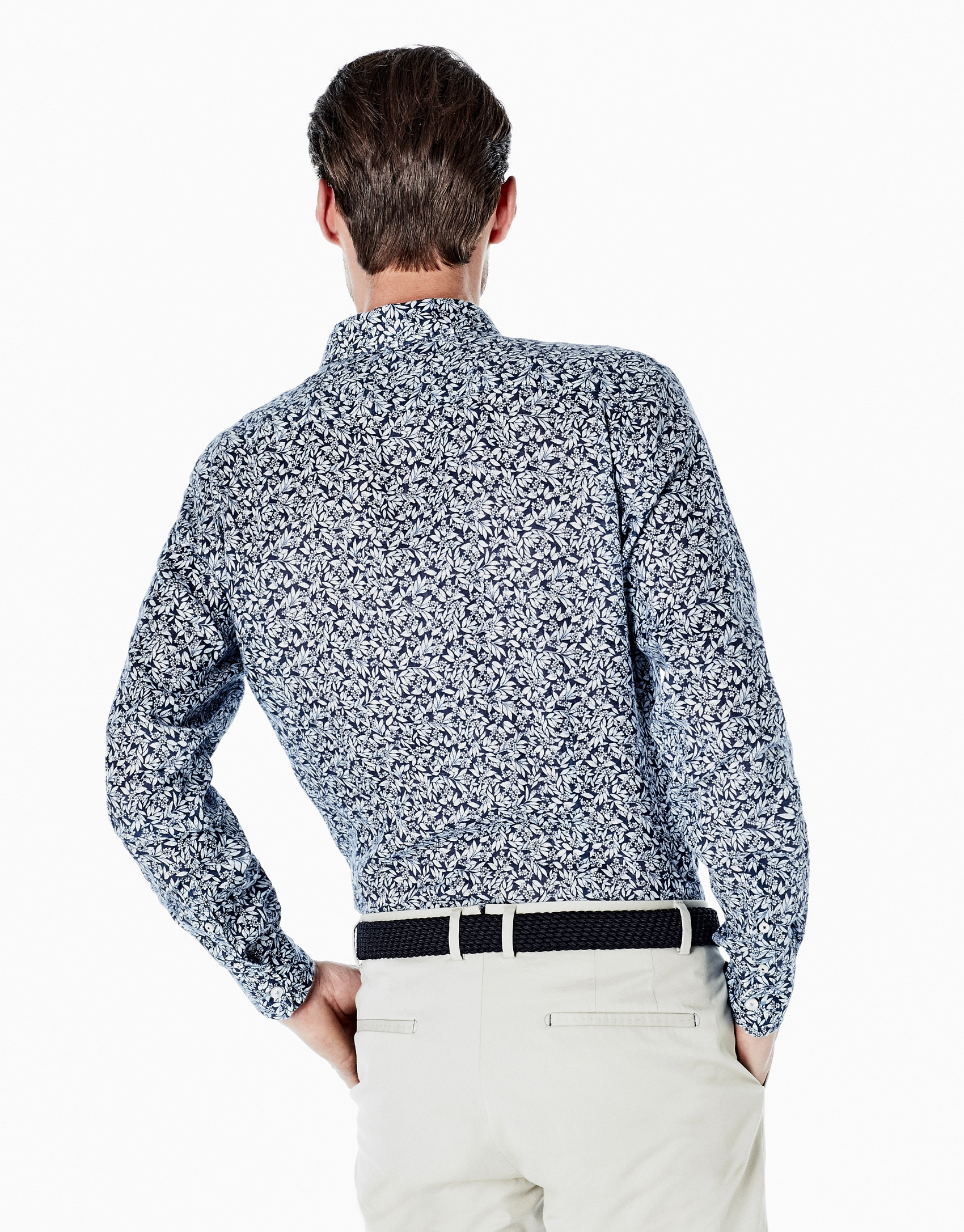 Camisa sport lino estampado flores marino
