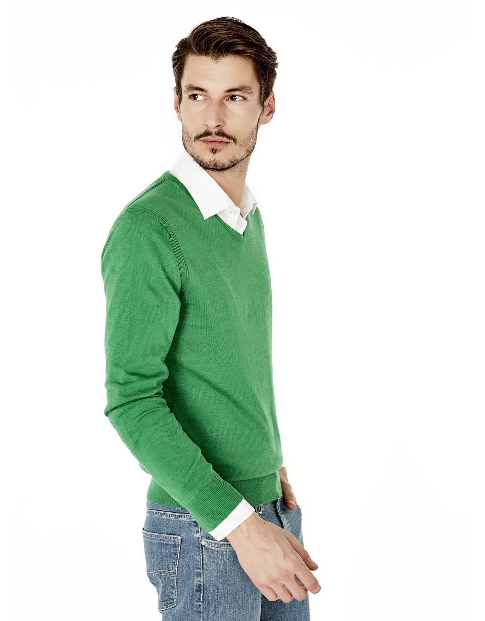 Green cotton V-neck sweater