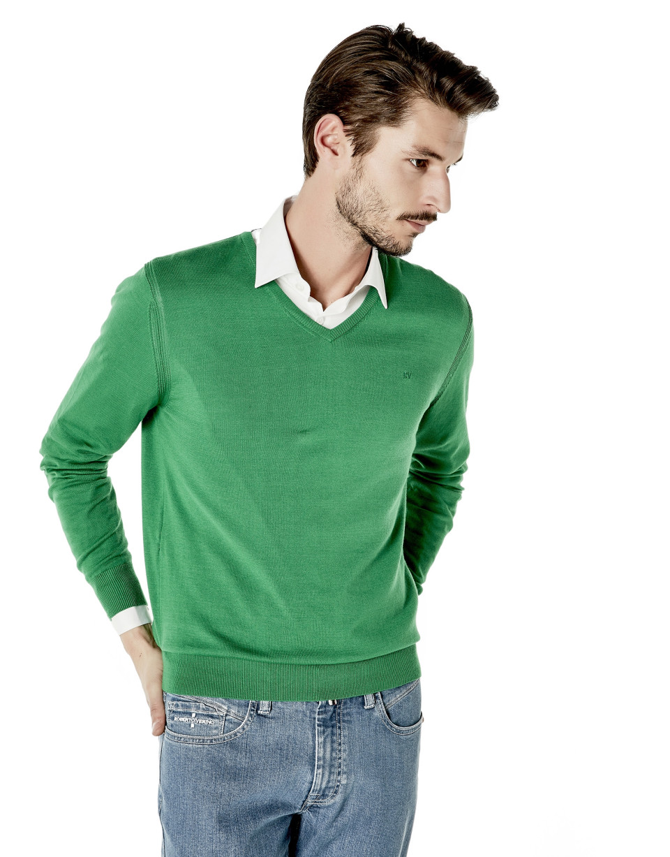 Green cotton V-neck sweater