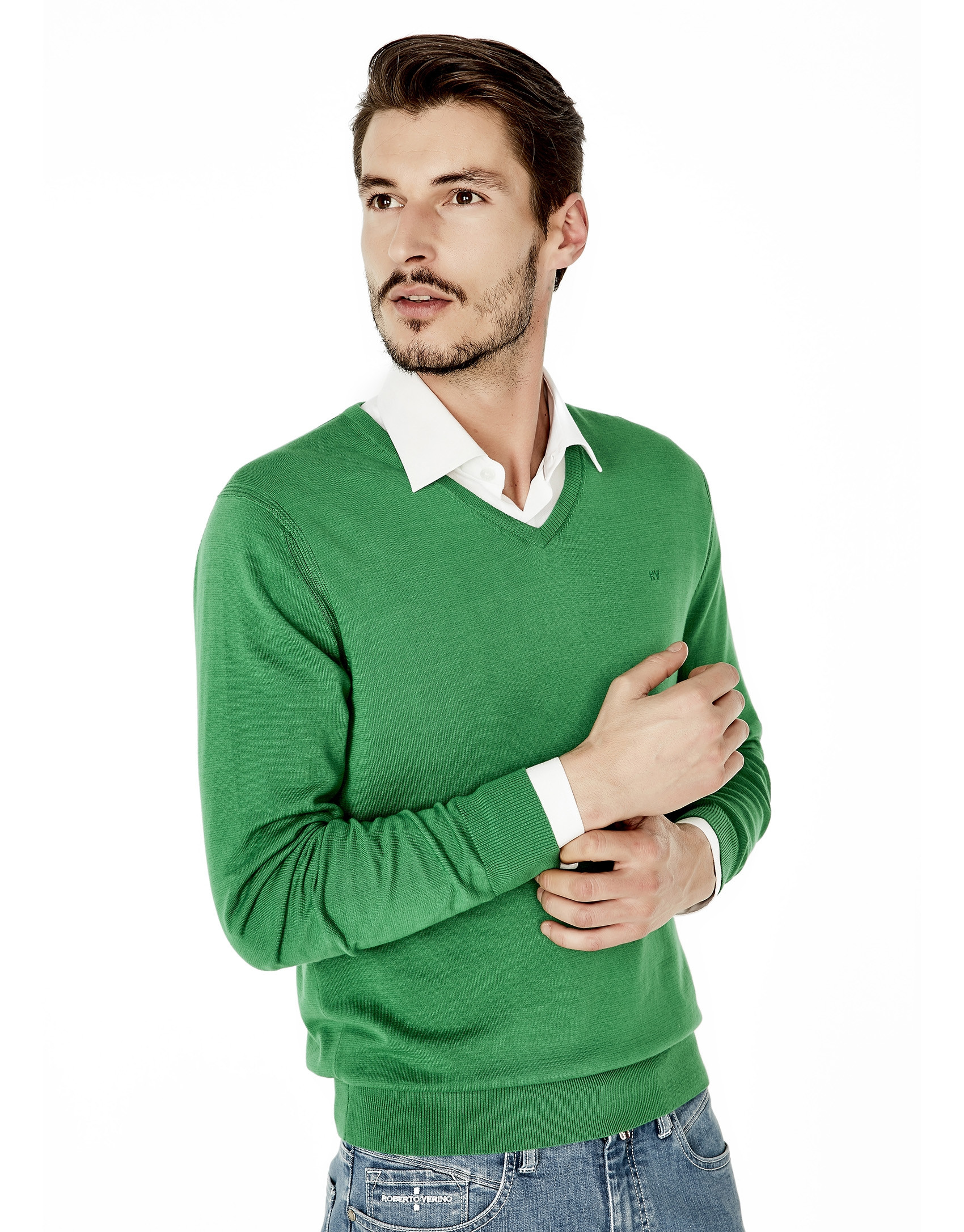 Green cotton V-neck sweater