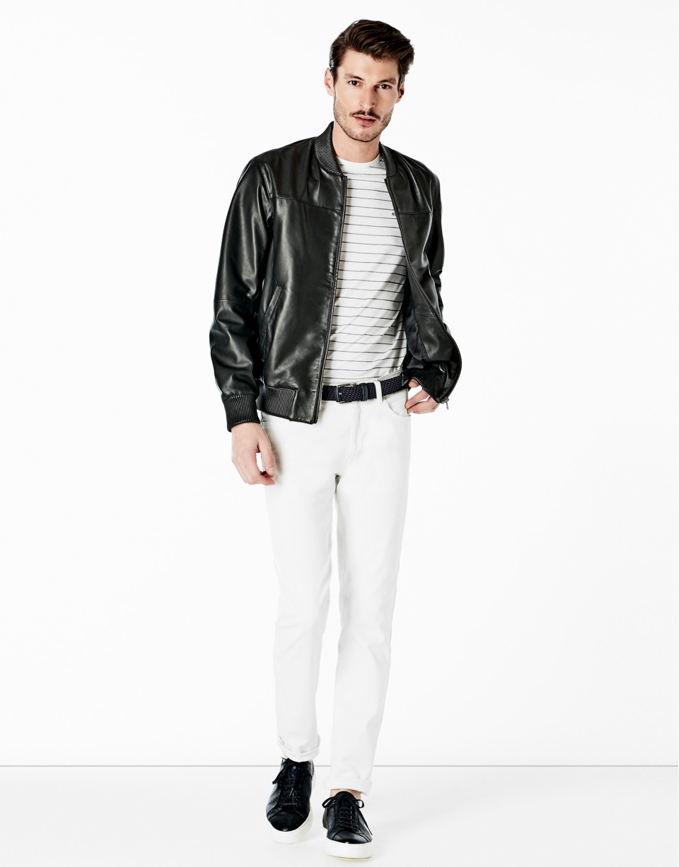 Black leather bomber jacket