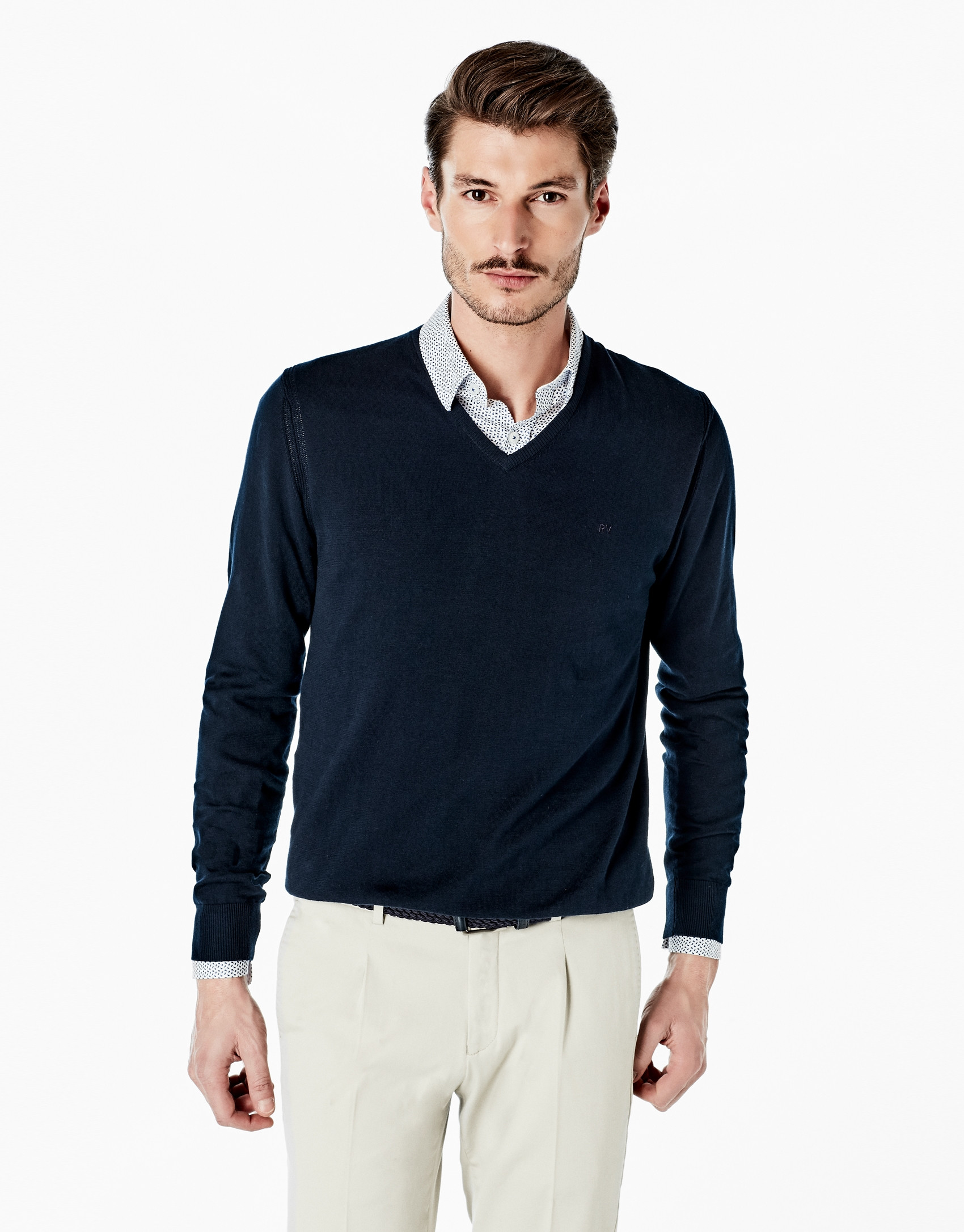 Navy blue cotton V-neck sweater