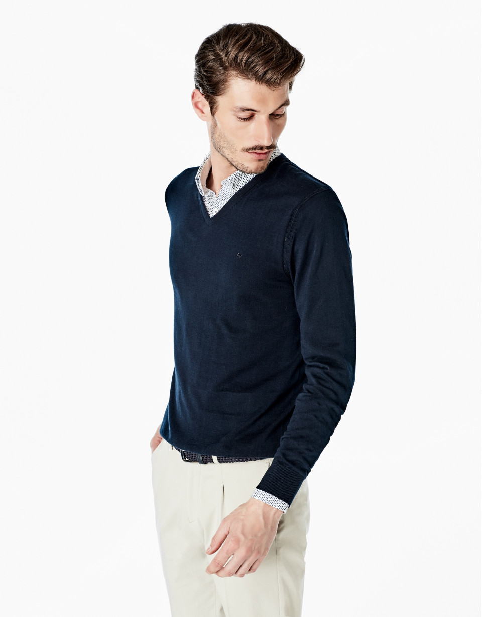 Navy blue cotton V-neck sweater