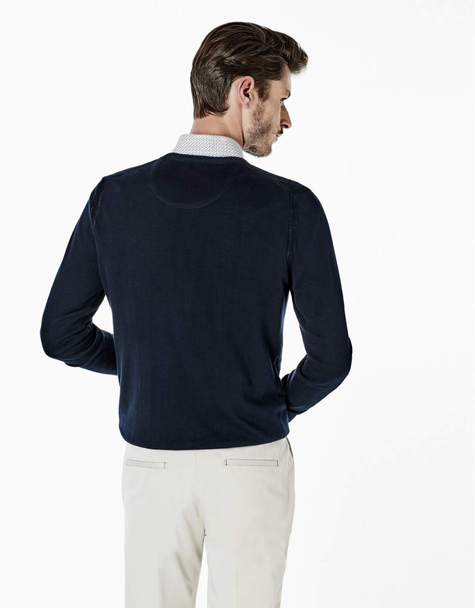 Navy blue cotton V-neck sweater