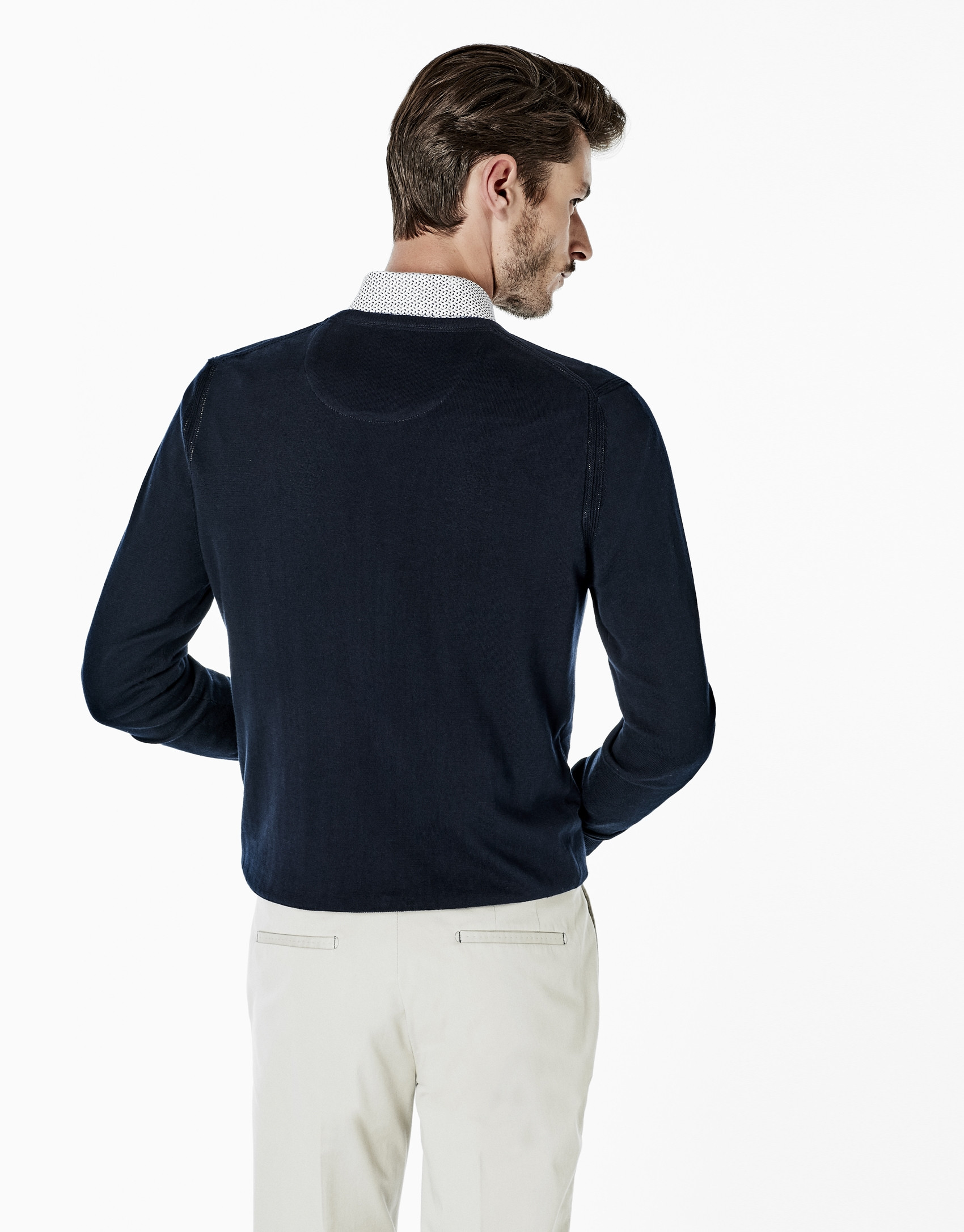 Navy blue cotton V-neck sweater