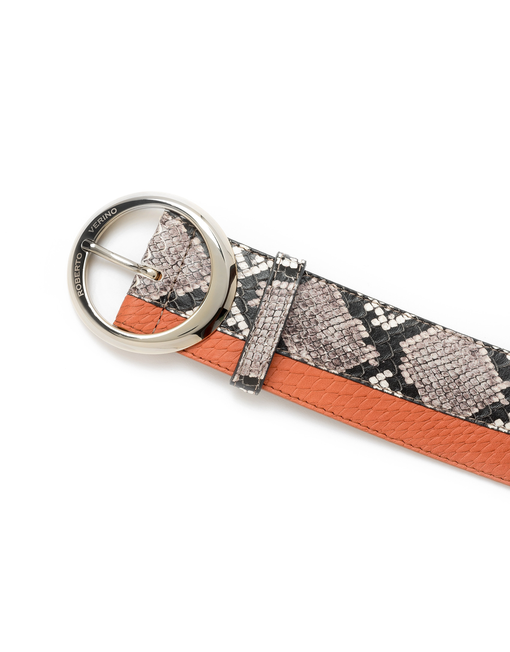Snakeskin and orange embossed belt