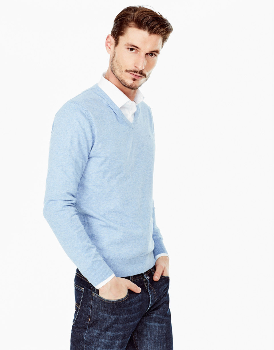 Light blue cotton V-neck sweater
