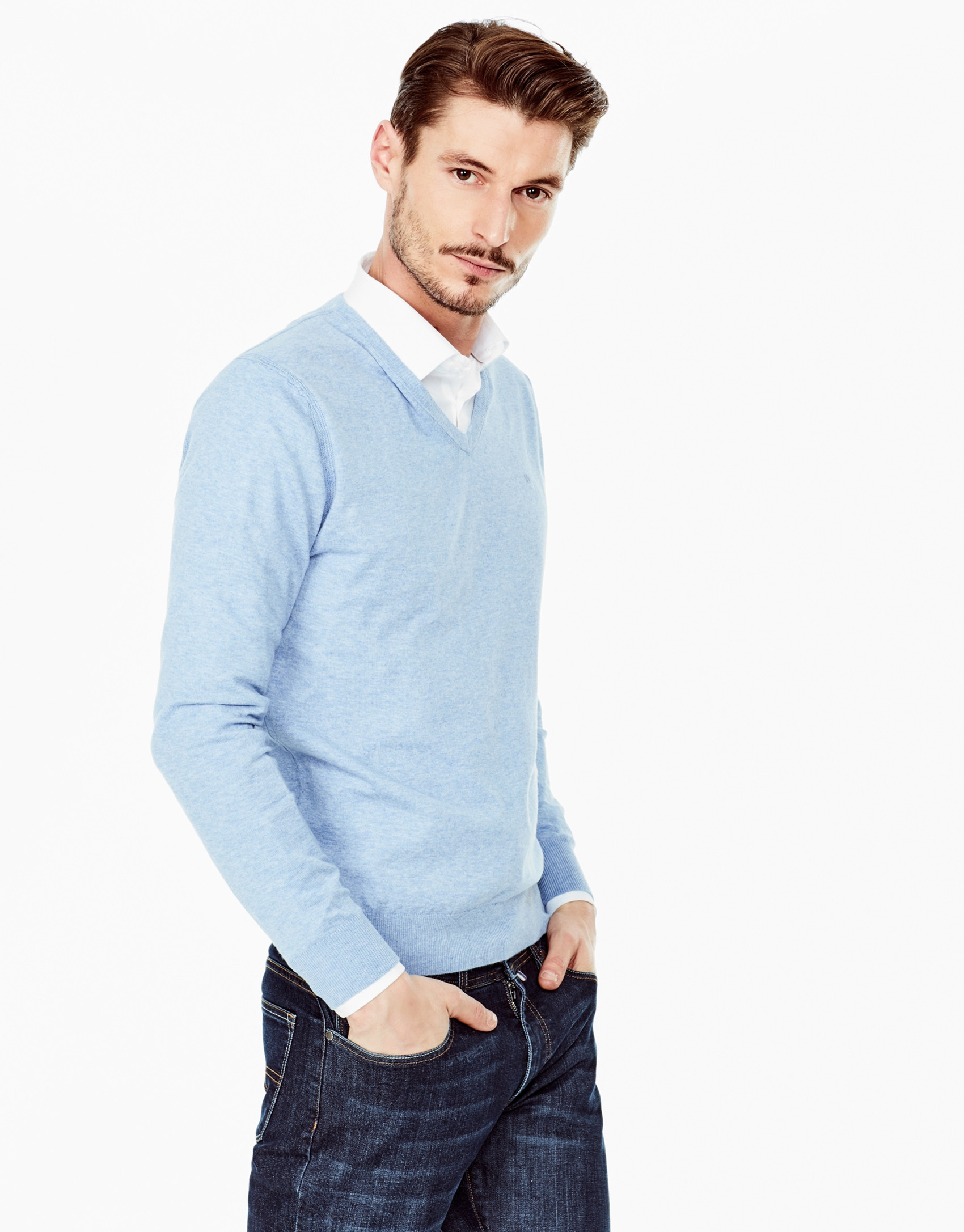 Light blue cotton V-neck sweater