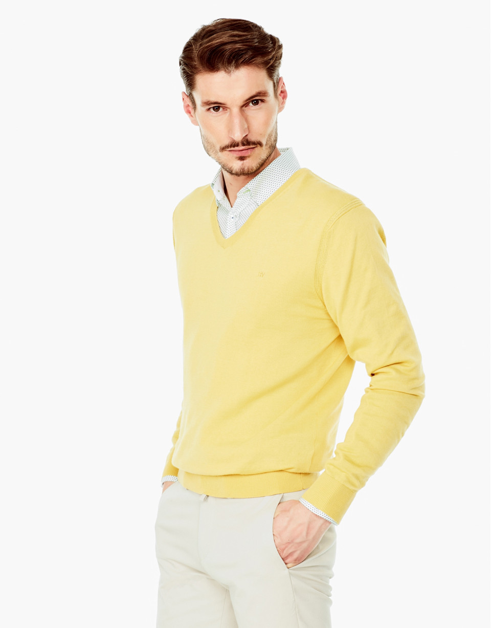 Yellow cotton V-neck sweater